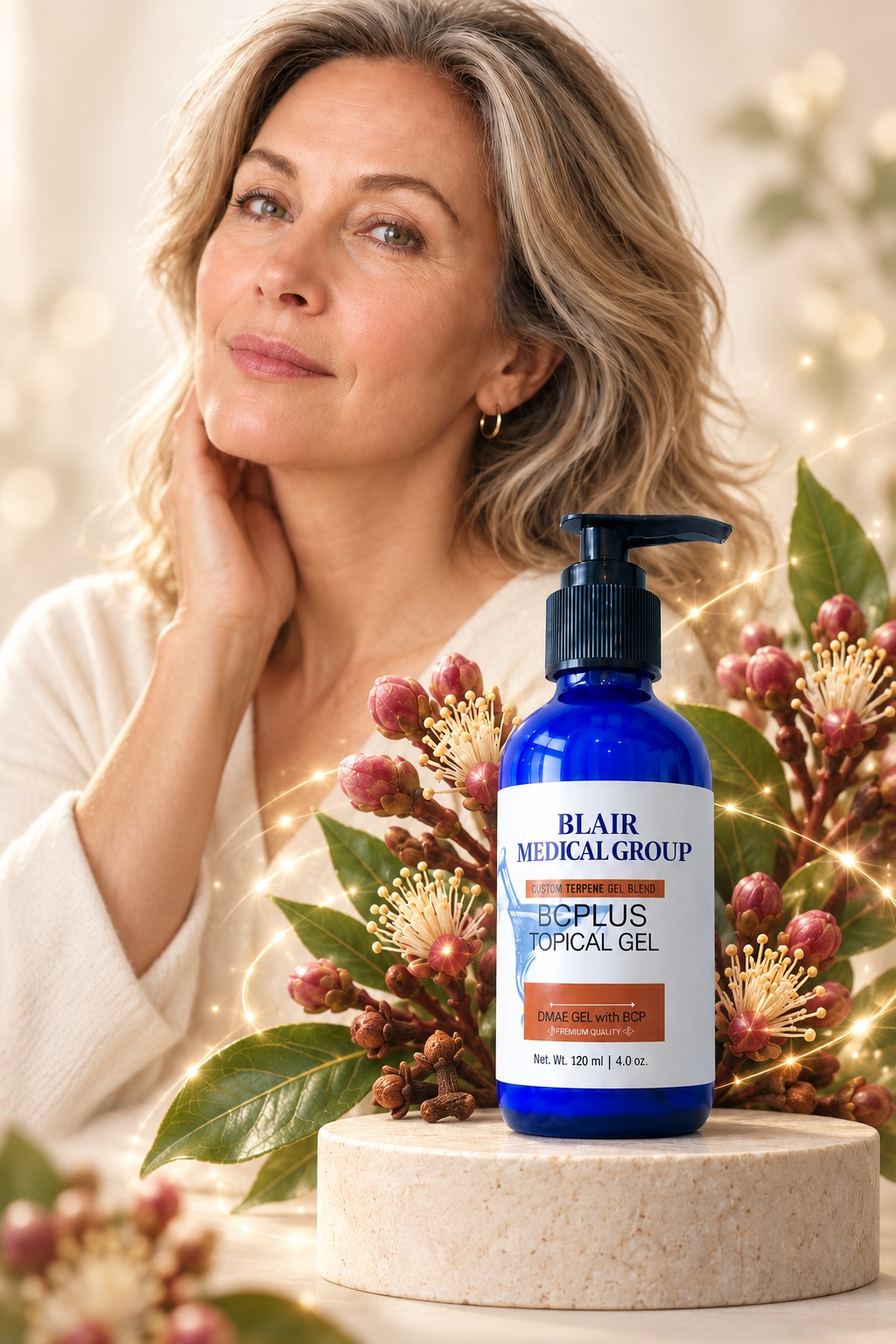 Woman beside a bottle of BCPlus Topical Gel with clove blossoms